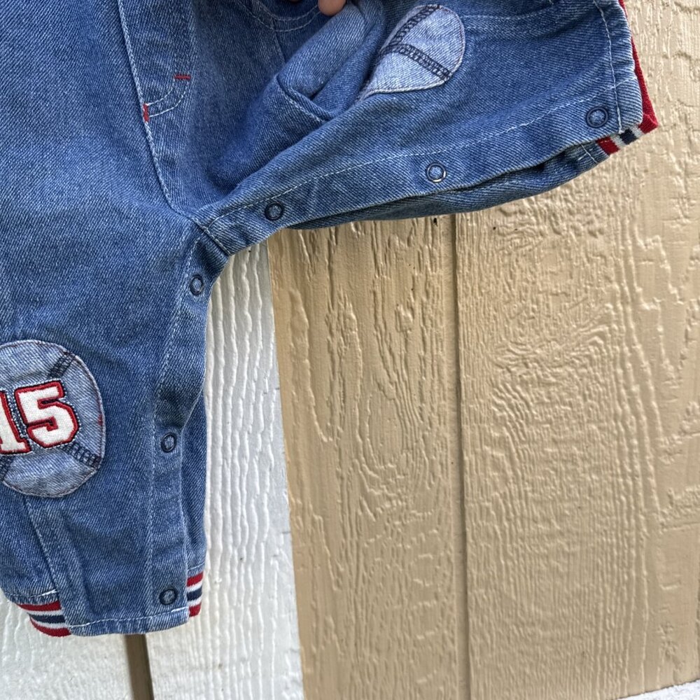 VTG Baby Snoopy Peanuts Football Denim Jean Overalls Size 6-9 Months - Picture 6 of 7